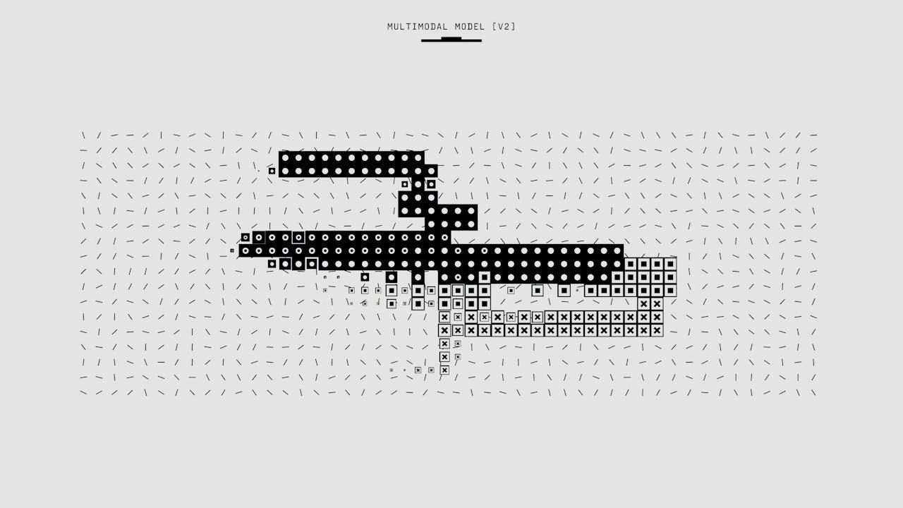 Black and white abstract representation of a multimodal model version two, featuring geometric patterns and lines.